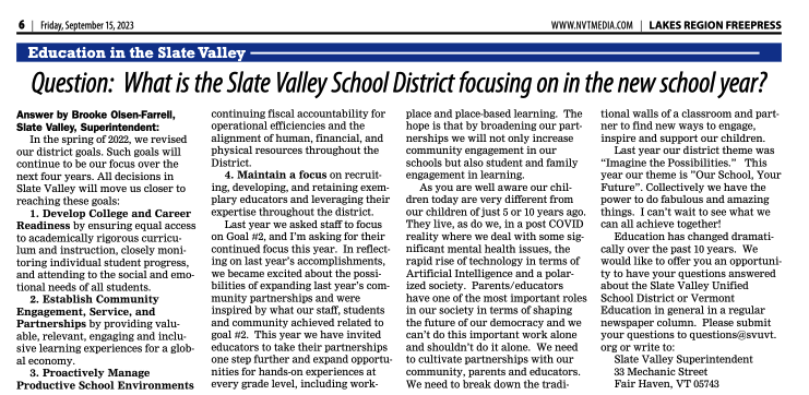 September Education in the Slate Valley