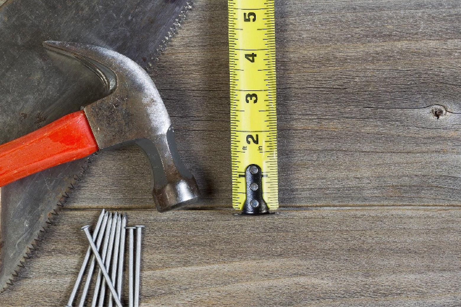 saw, hammer, nails, tape measure
