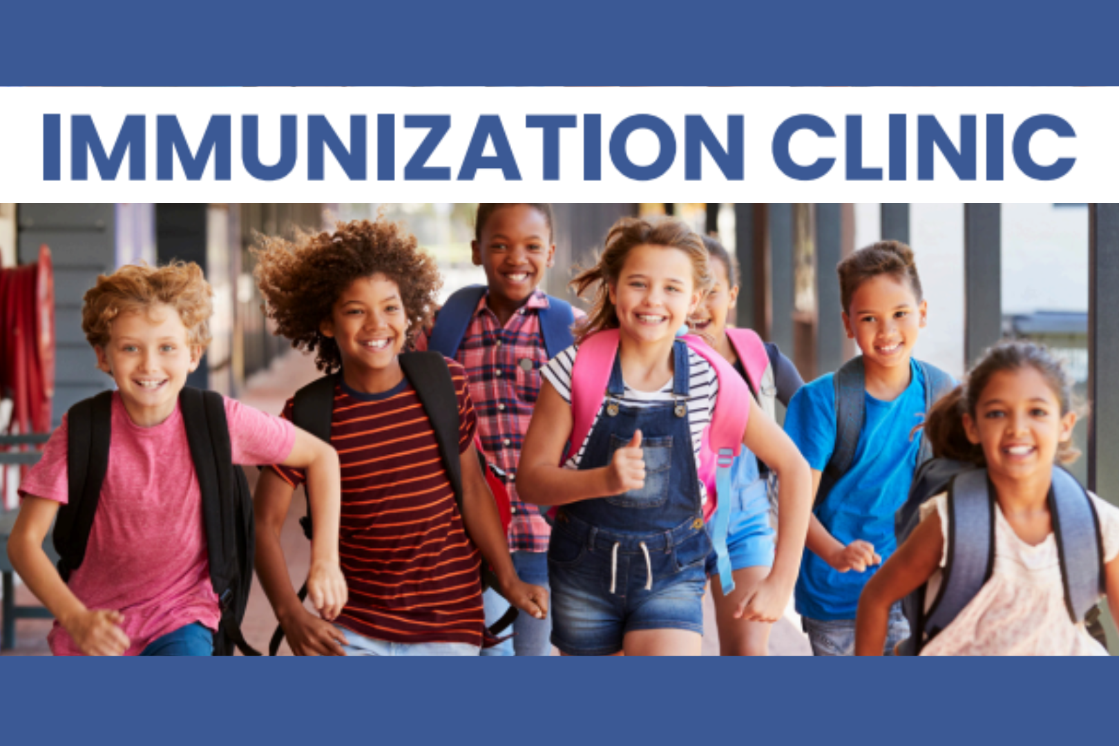 Immunization Clinic with students smiling and running in a school.
