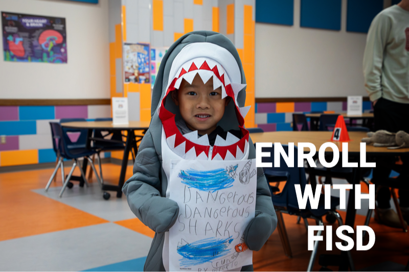 Enrollment button - student in shark costume