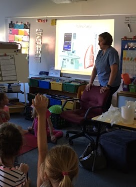 Mrs. Ashley from Sanford Institution for Savings shows the students how instead of money, people traded or exchanged non-monetary items (shells, grain, livestock) for things they needed