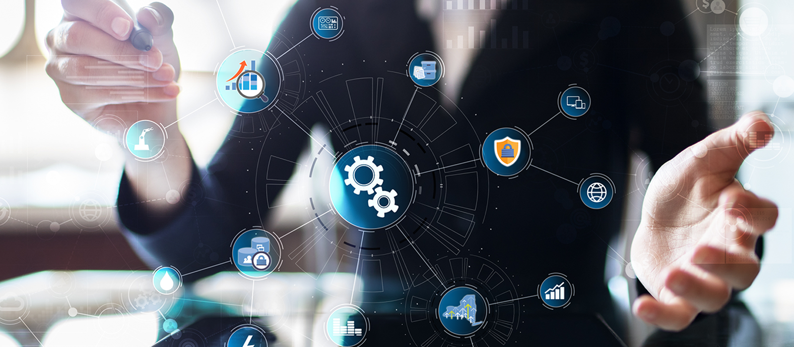 Data Services icons overaly a professional keeping data safe and organized