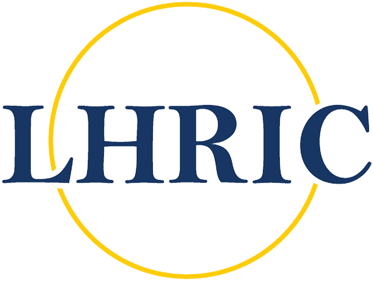A blue and yellow logo with the word "LHRIC" inside a circle on a black background.