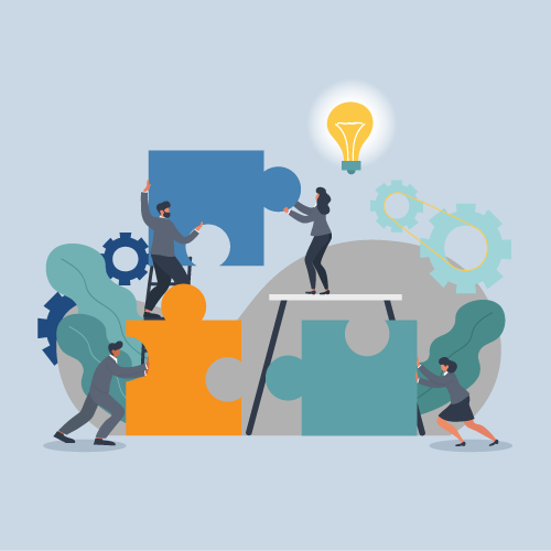 Six people assembling puzzle pieces on a platform with a light bulb above. Background includes gears and plants.