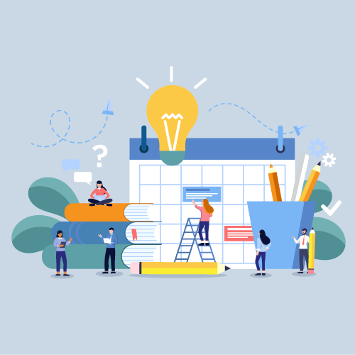 People around a calendar, books, and pencils with a light bulb above it.