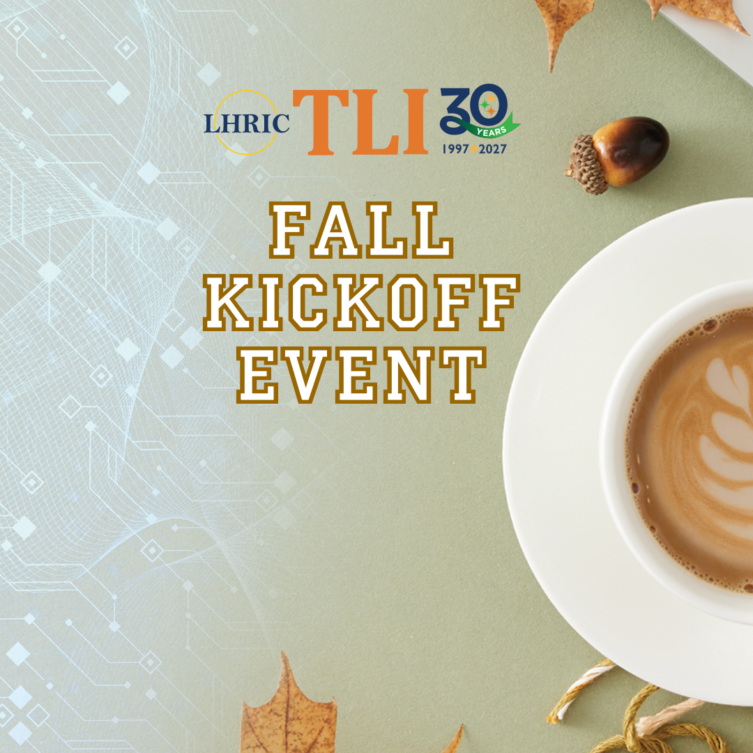 Autumn leaves, a cup of coffee with latte art, and an acorn on a green background. Text reads "Fall Kickoff Event."