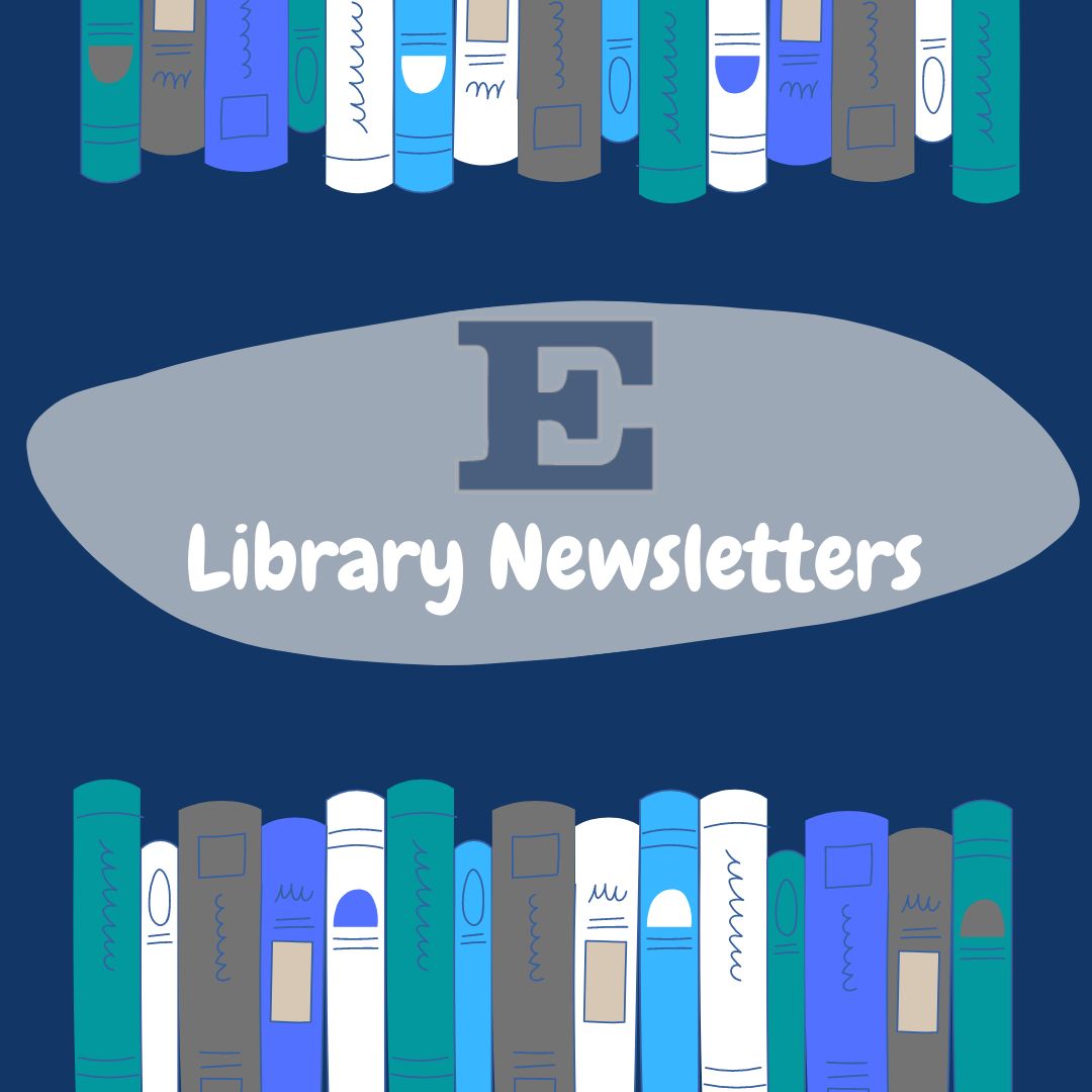library newsletter with block E and book graphics