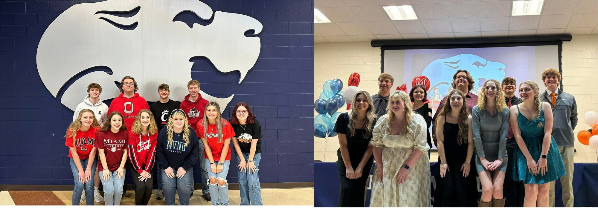 2 pics, one of the seniors in their college of choice t shirt and the other dressed up for their recognition luncheon 