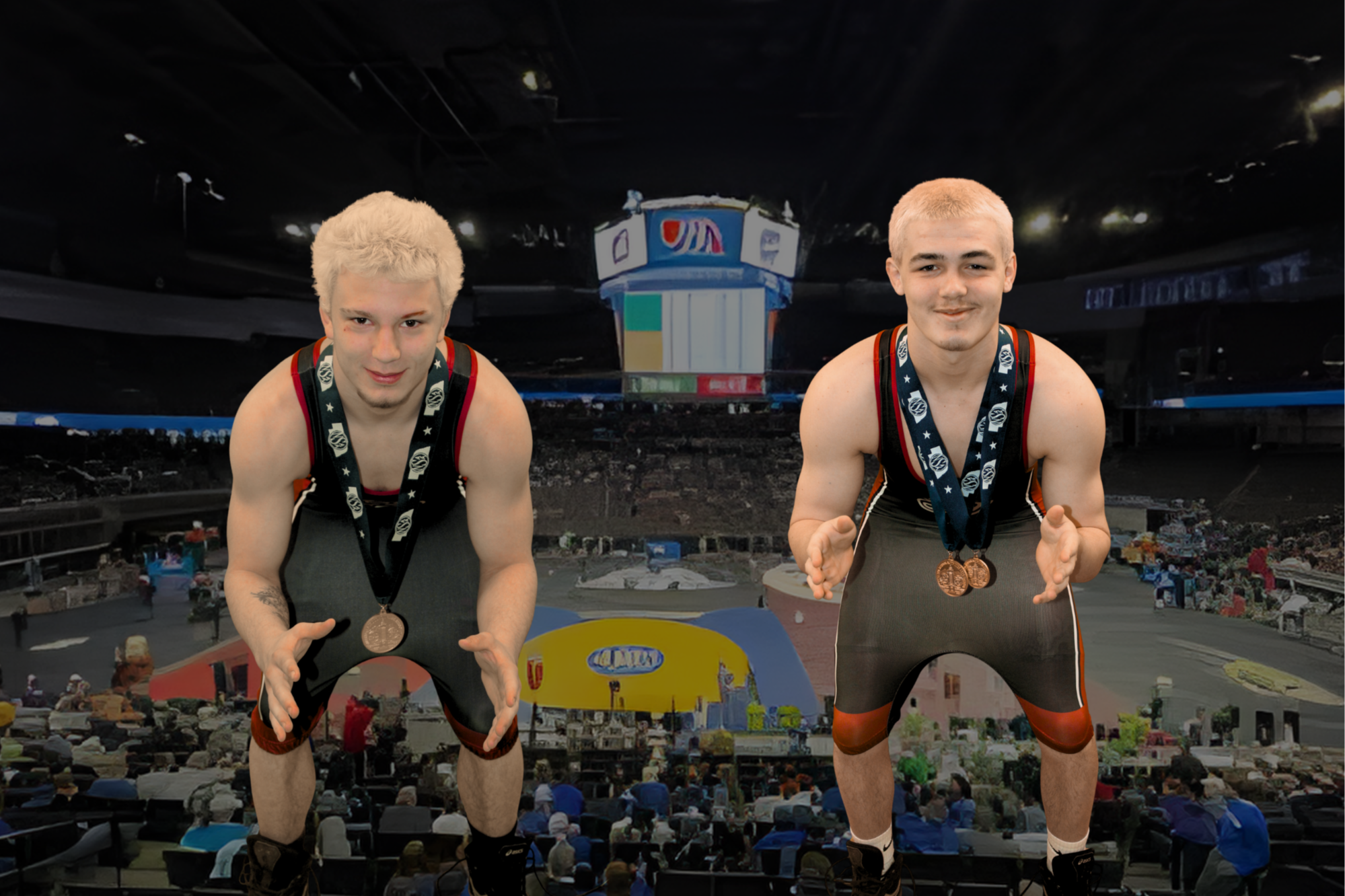 Graphic featuring two Southern wrestlers in black and red singlets posing in a wrestling stance while wearing their state medals. They are placed in front of an arena background from the Nebraska State Wrestling Championships, with the championship mat and scoreboard visible behind them. The image celebrates Southern’s 2026 state wrestling champions and Raider pride.