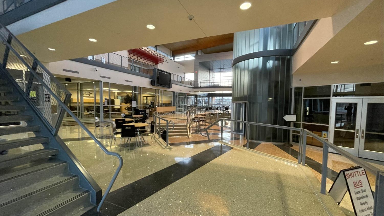 The CTE Center atrium features a spacious, modern interior with sleek architectural details, open gathering areas, and abundant natural light. The professional atmosphere and contemporary design create an exciting and welcoming space for learning, collaboration, and innovation.