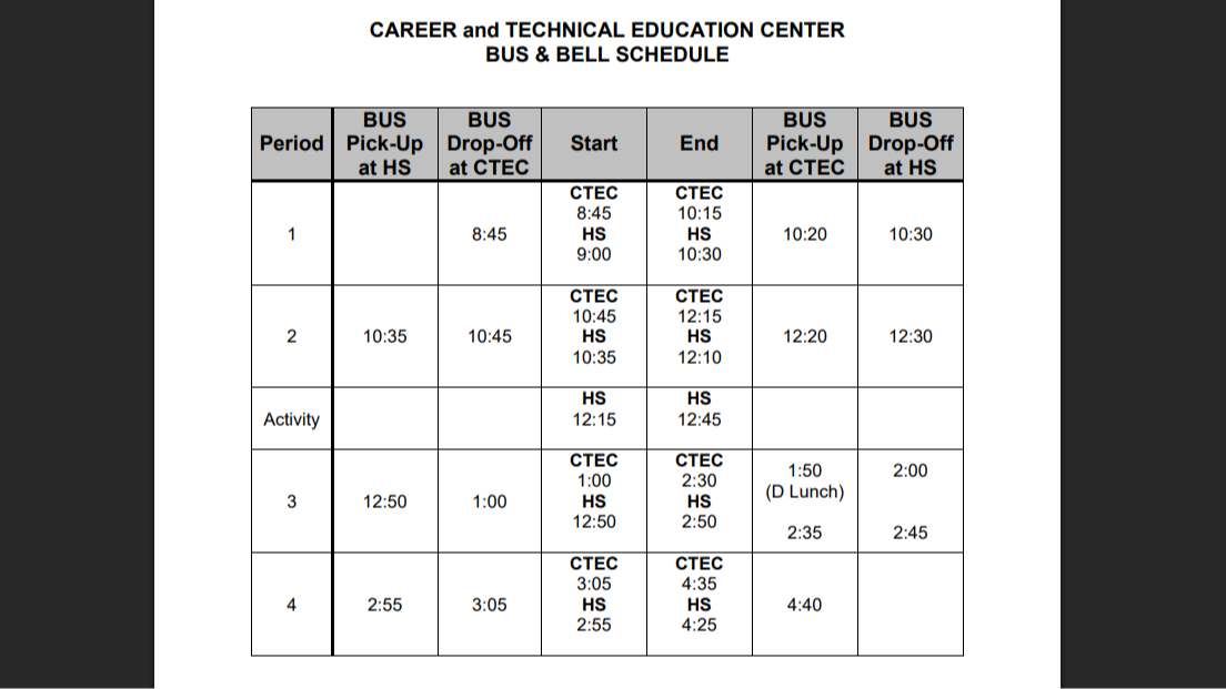 A posted CTE Center Bus and Bell Schedule displaying transportation routes and class period times for students, organized in a clear chart format for easy reference.