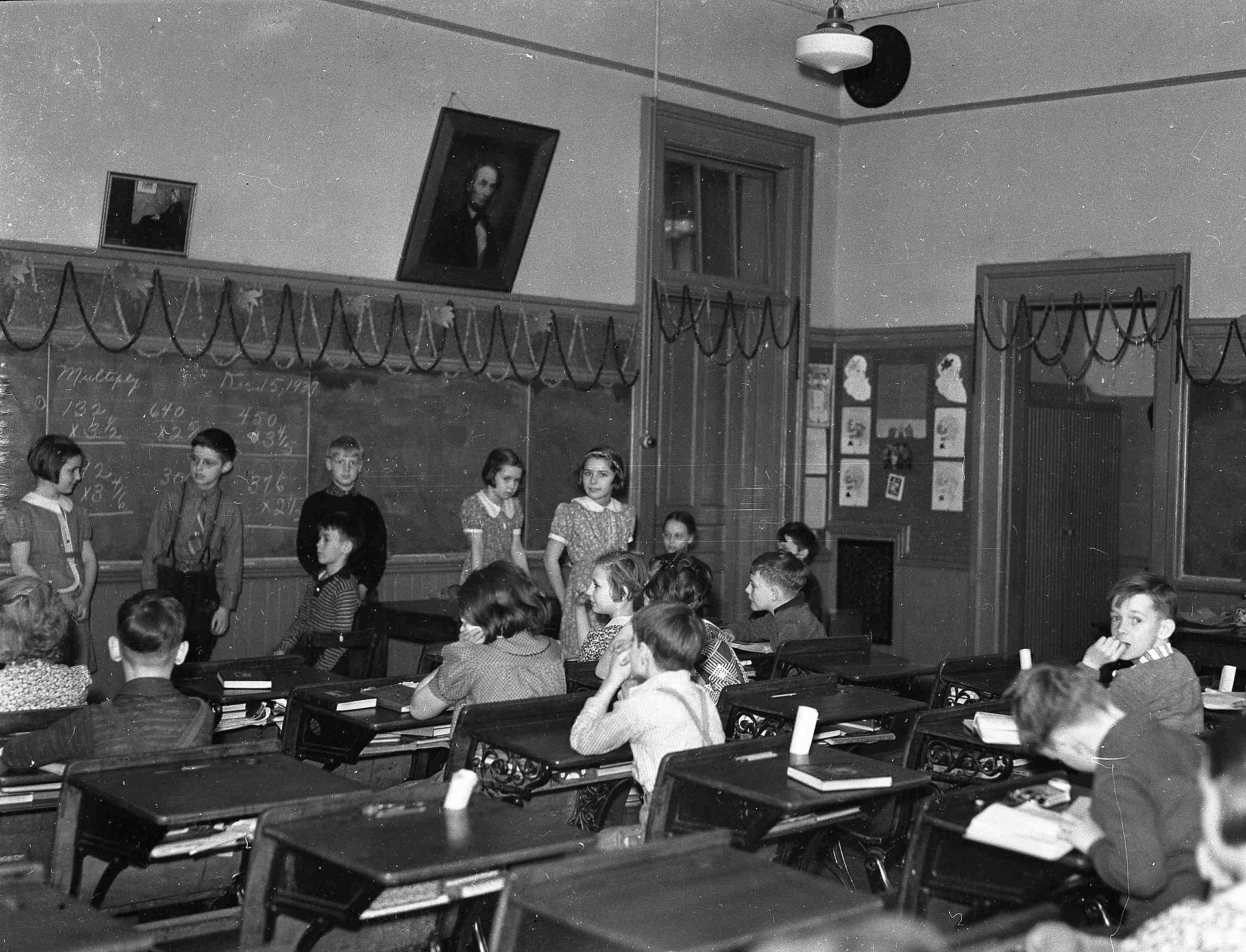 historic classroom in black and white photo