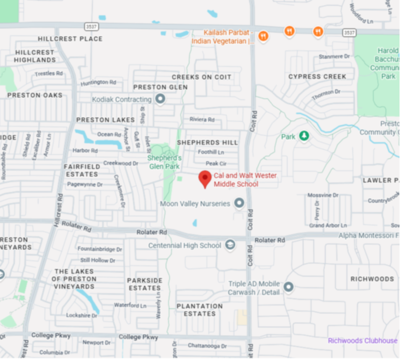 Map of Wester Middle School, located between Rolater and Main, from South to North, and Hillcrest and Coit, from West to East