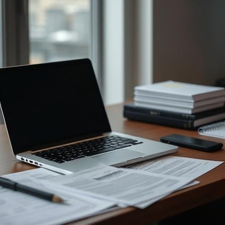 Laptop and paers on a desk