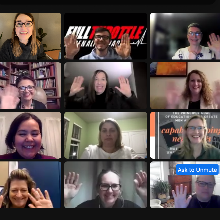 A group of people in video call, each in a small square, smiling and making hand gestures.