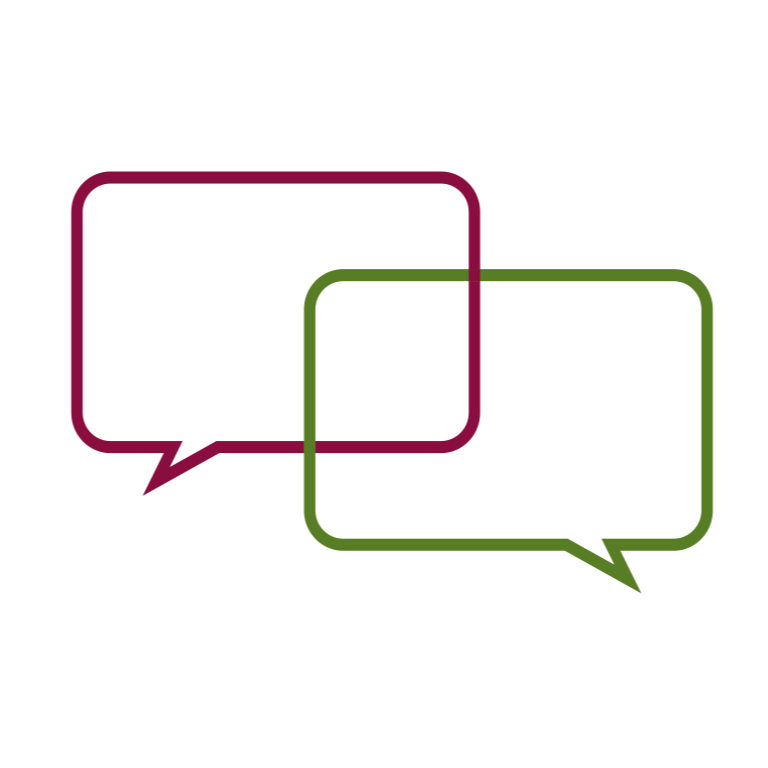 Two speech bubbles, one red and one green, overlap with tails pointing left and right, set in a white circle.