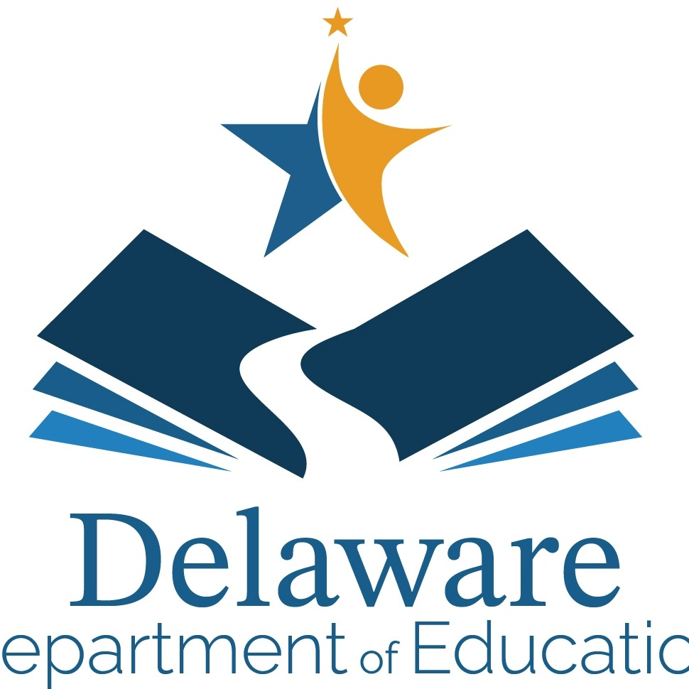 Blue and white logo for Delaware Department of Education with a book, a figure, a star, and a pathway.