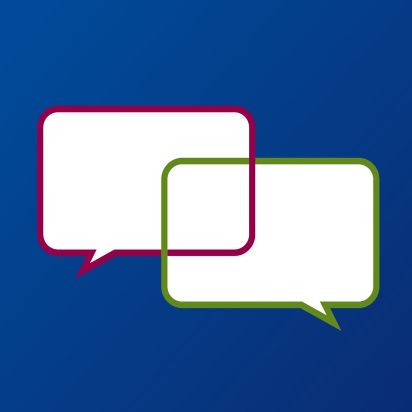Three speech bubbles, colored in white, pink, and green, on a solid blue background.