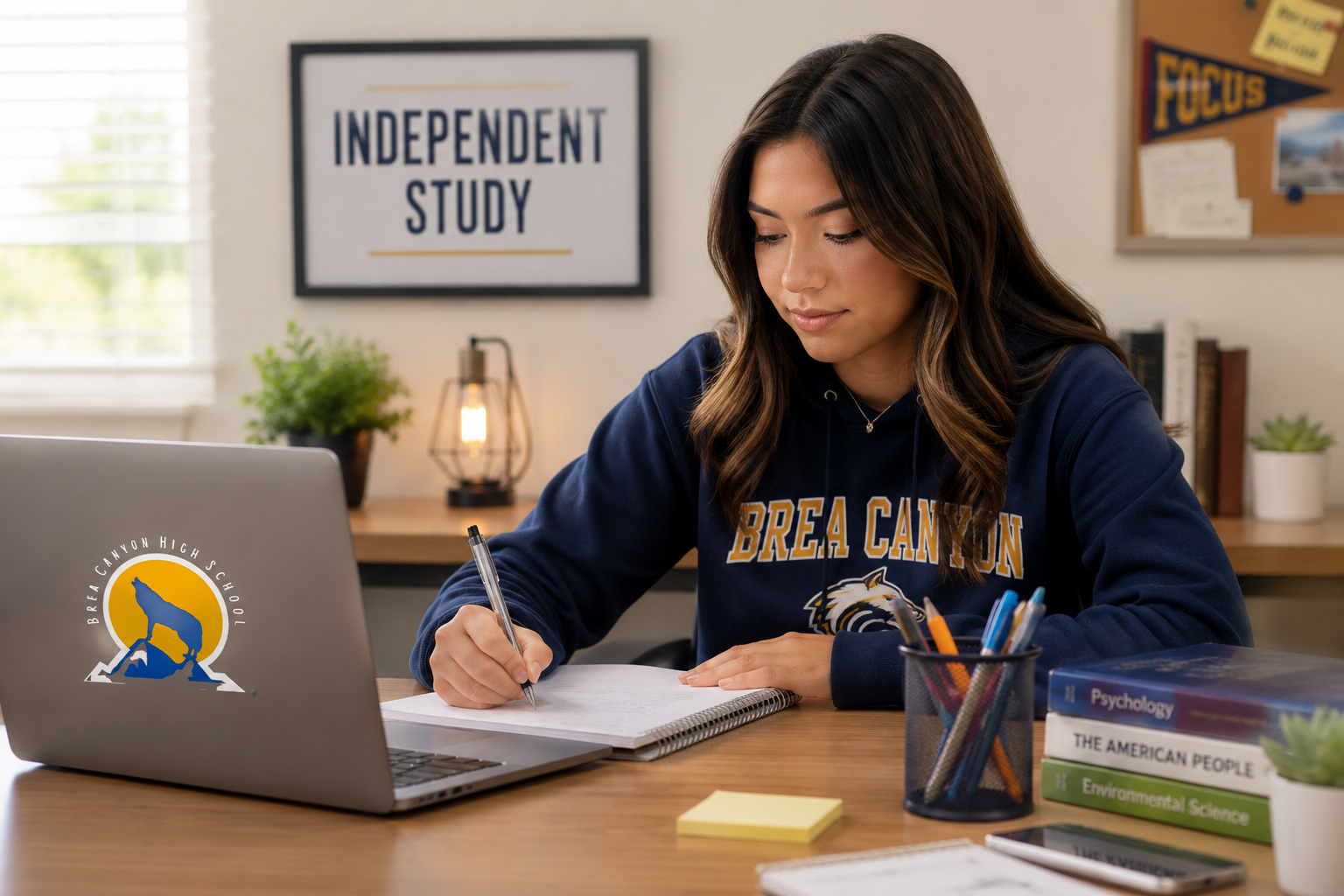  a girl sits at a desk writing on a notebook with laptop open in front of her and BCHS logo on the laptop. A sign behind her has the words Independent Study