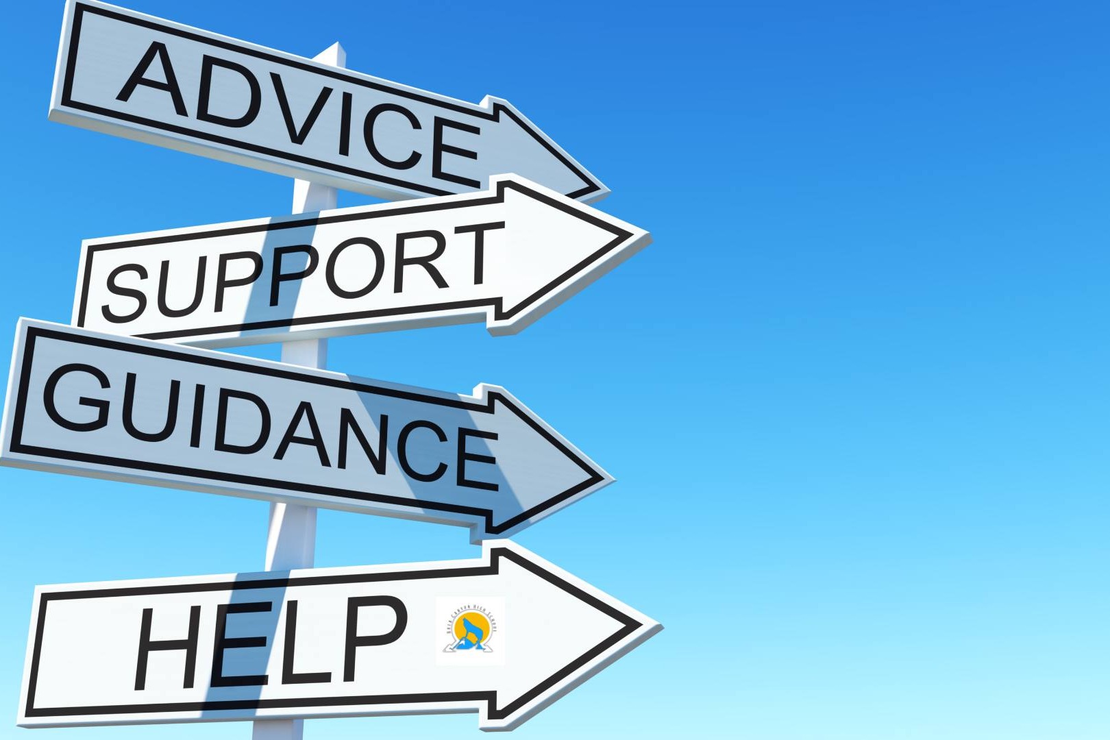 a sign with numerous arrows that read: advice, support, guidance, help