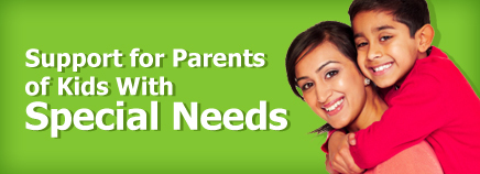 A mother and her kid hugging along with the text "Support for Parents of Kids with Special Needs"
