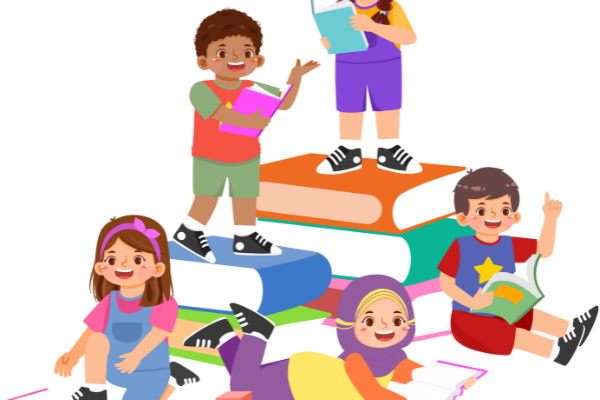 Students reading on a stack of books