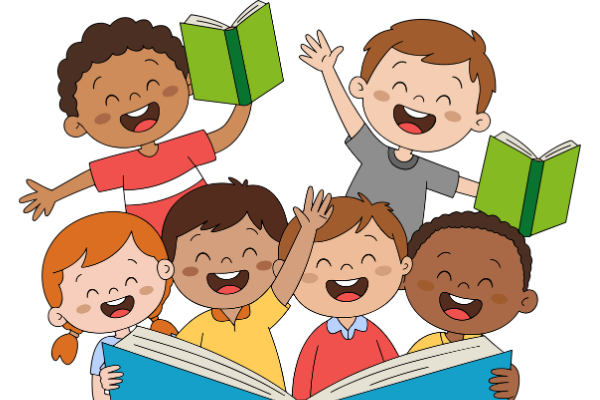 students reading and cheering