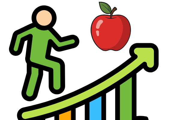Man walking up an ascending graphic to reach an apple