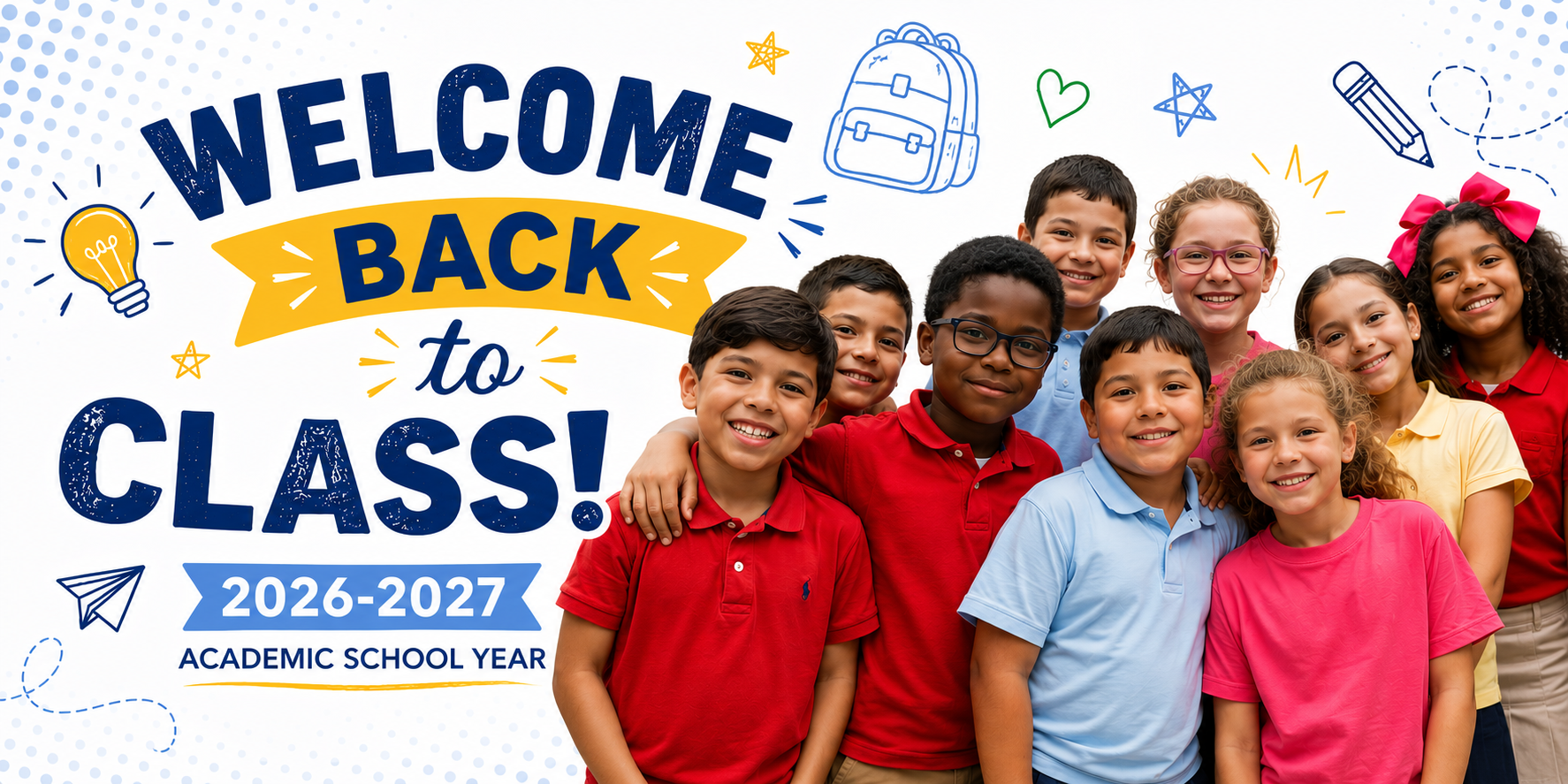 School poster with kids. "Welcome Back to Class!" reads the banner. The year 2026-2027 is shown.