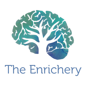 Logo for The Enrichery with a stylized brain and tree on white background. The tree fills the brain.