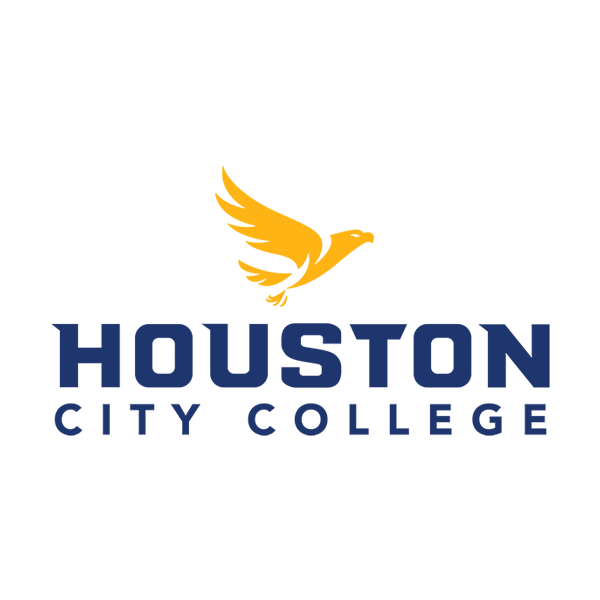 Black background with white logo; a yellow bird's wing design above the words "HOUSTON CITY COLLEGE."