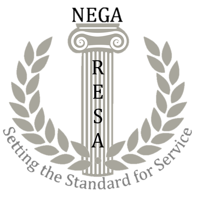 A black background displays a logo with the letters "RESA" inside a laurel wreath, featuring a central column.
