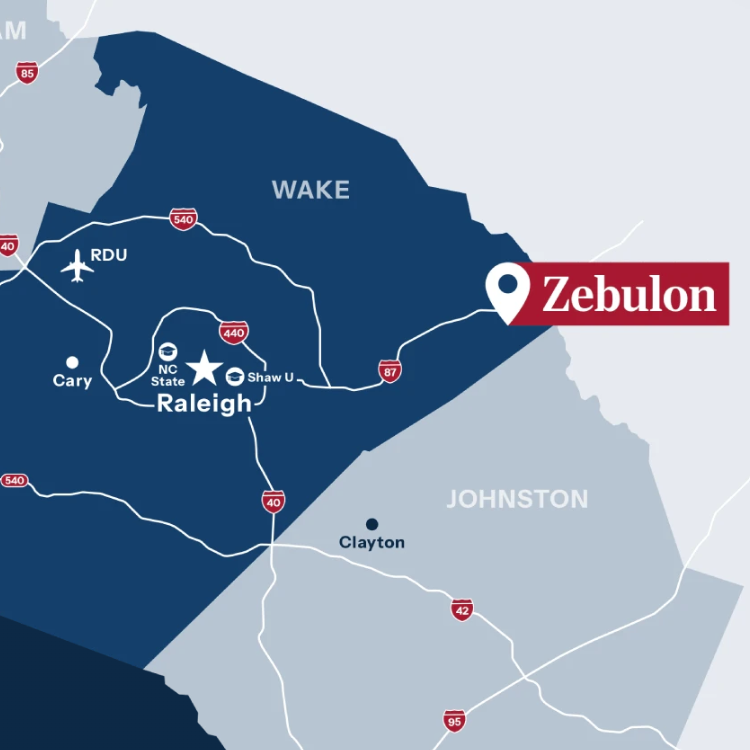 map of zebulon with raleigh and johnston and  durham counties