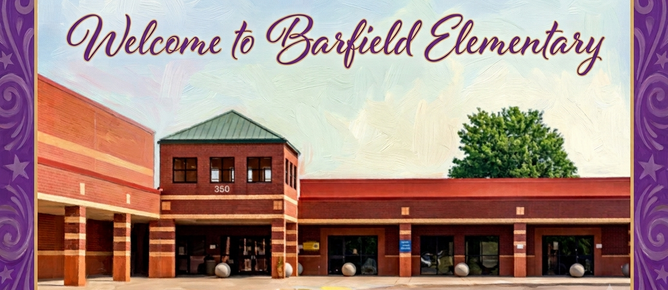 Building exterior with "Welcome to Barfield Elementary" text. It has brick walls, glass doors, and a tree in the background.