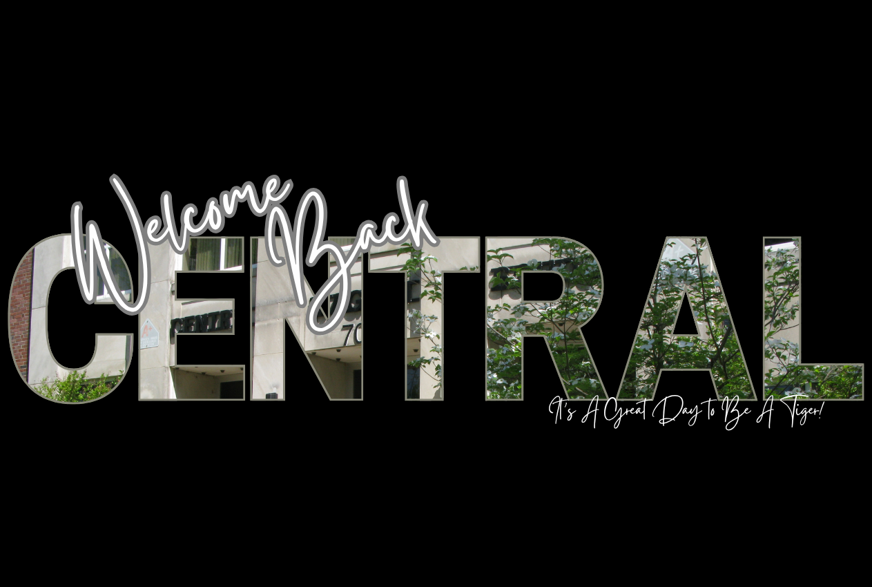 White text "Welcome Back CENTRAL" on a black background with trees reflected in the letters.