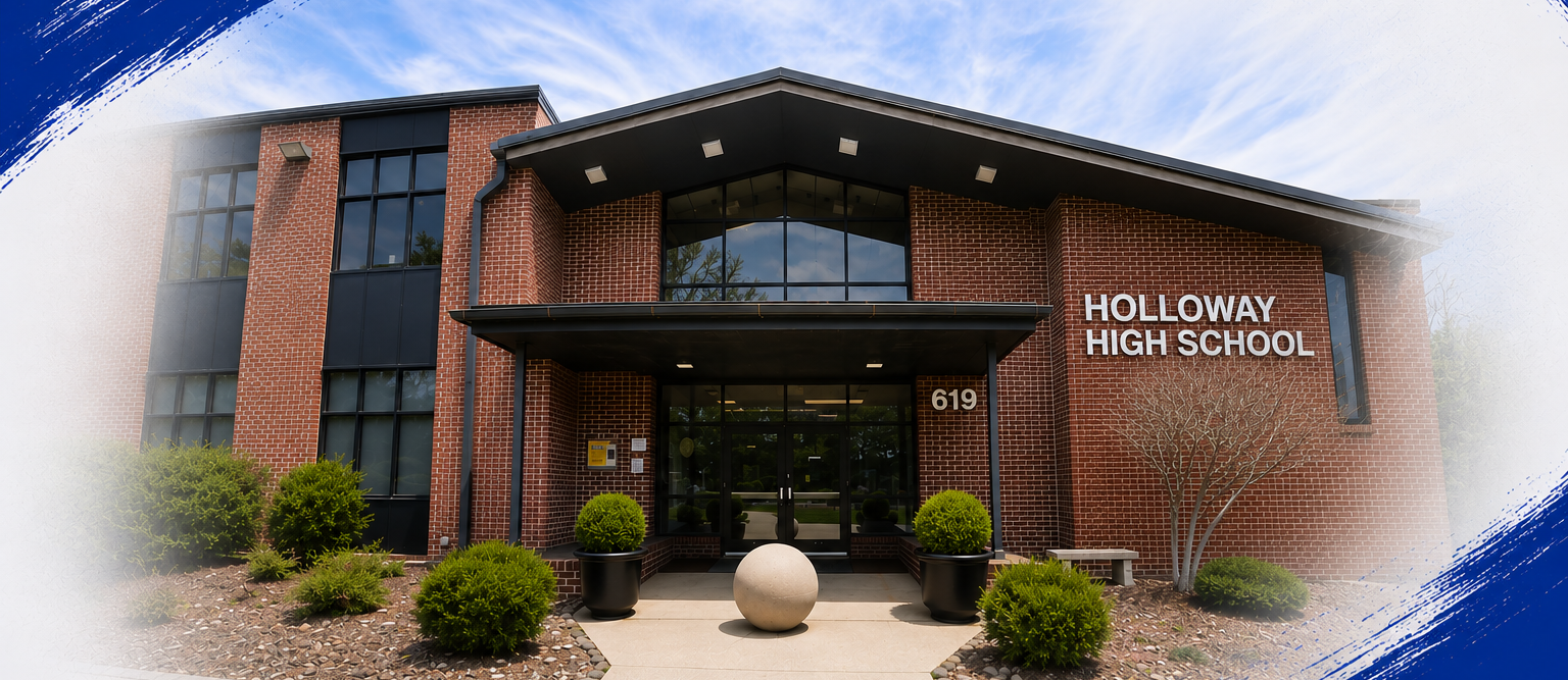 A building with a sign reading "Holloway High School" on a blue sky background. The entrance features a large sphere.