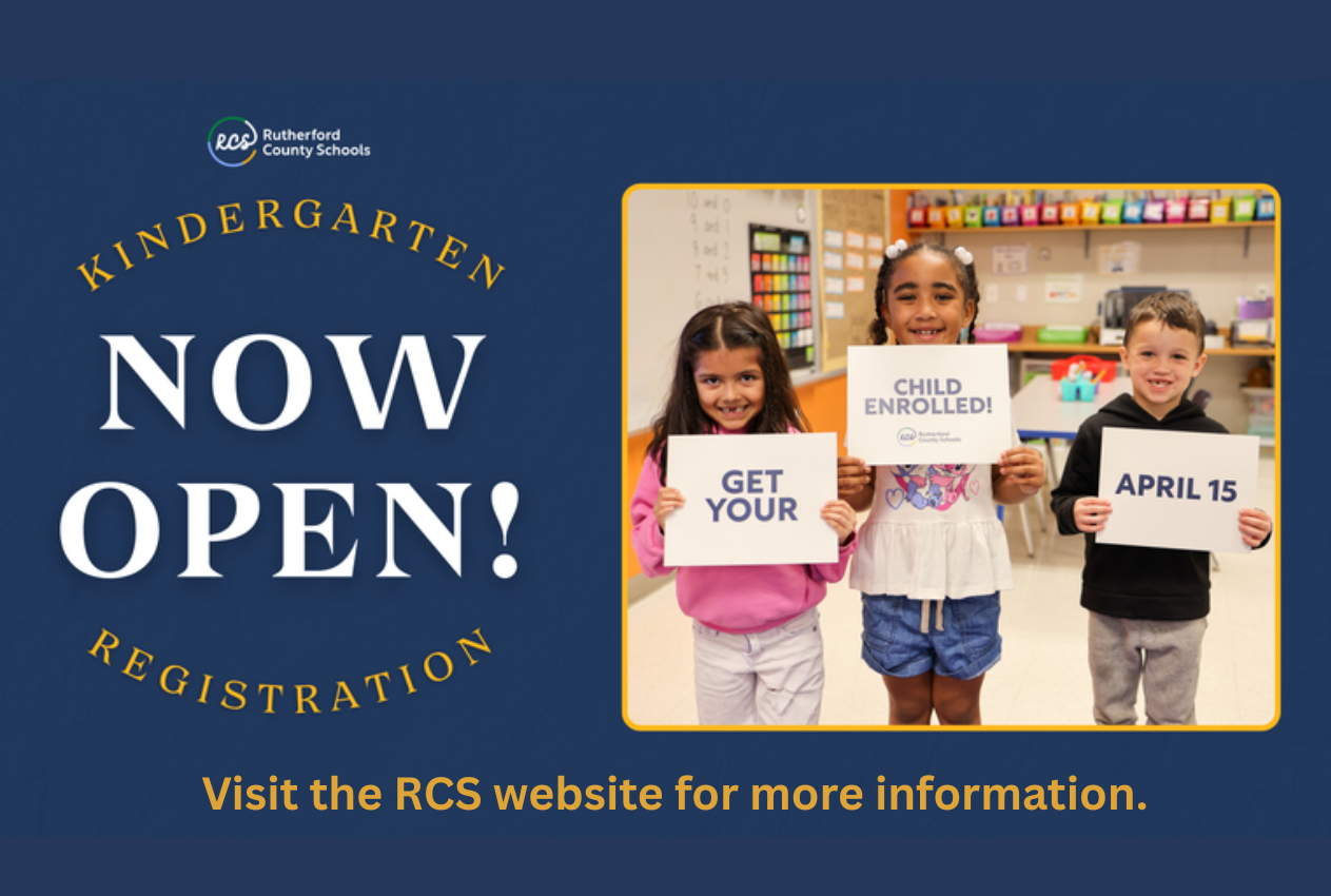 Three children hold signs in a classroom. One says "Get Your" and another "April 15." Text reads "Kindergarten Now Open! Registration."
