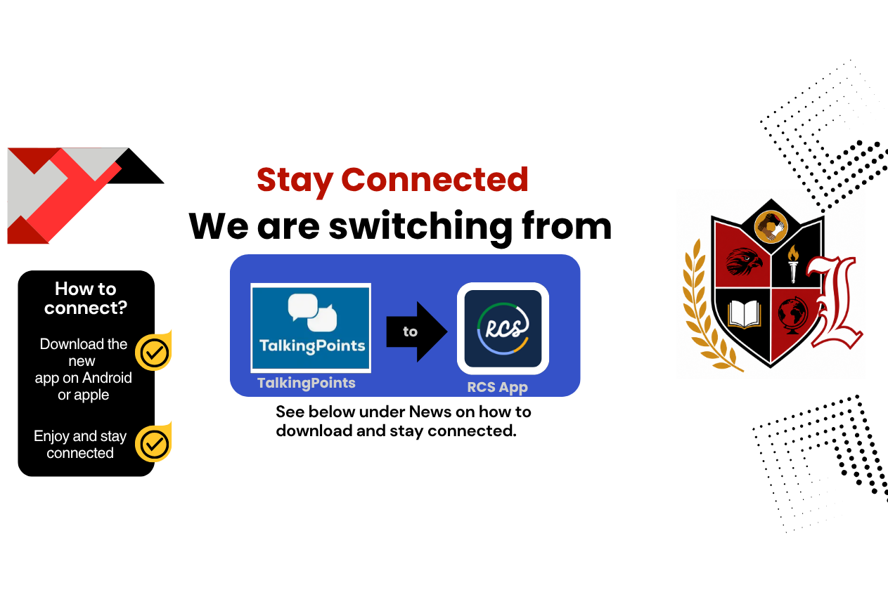 Graphic with "Stay Connected" header. Icons for TalkingPoints and RCS App. Instructions to download. Shield logo in the background.