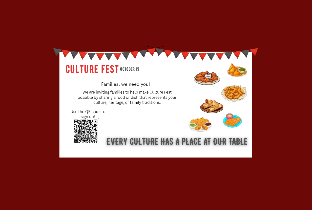 A flyer with maroon background and white text. It features a QR code, a table of foods, and a banner.