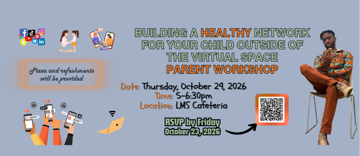 Blue background with white text. A man sits in a chair, smiling. Icons show mobile phones, a person, and a map. Text reads: "Building a Healthy Network for Your Child Outside of the Virtual Space Parent Workshop."