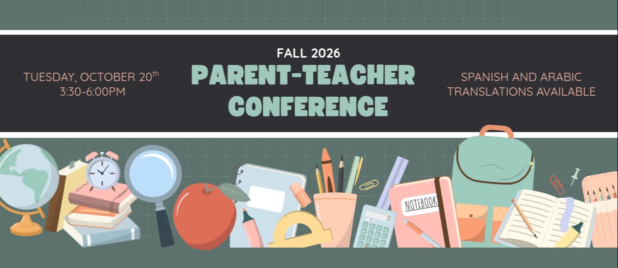 A banner displays text reading "Parent-Teacher Conference" with school supplies, a globe, clock, and other items in colorful icons.