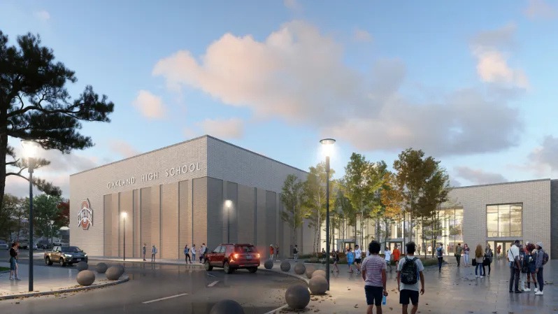 An artist's rendering of a large building with glass windows, people walking outside, street lights, and parked cars.