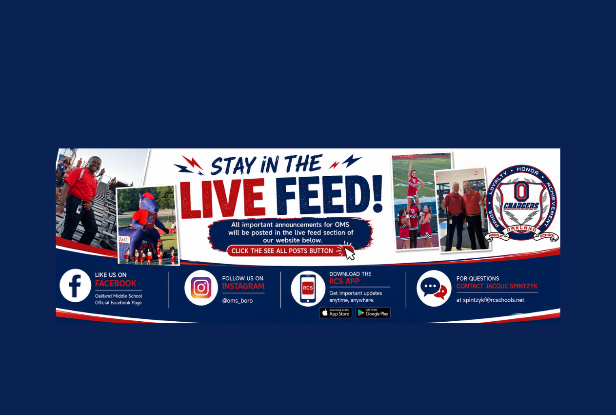 Banner with blue background, white and red text, "Stay in the live feed!" and "Follow us on Facebook" with icons.