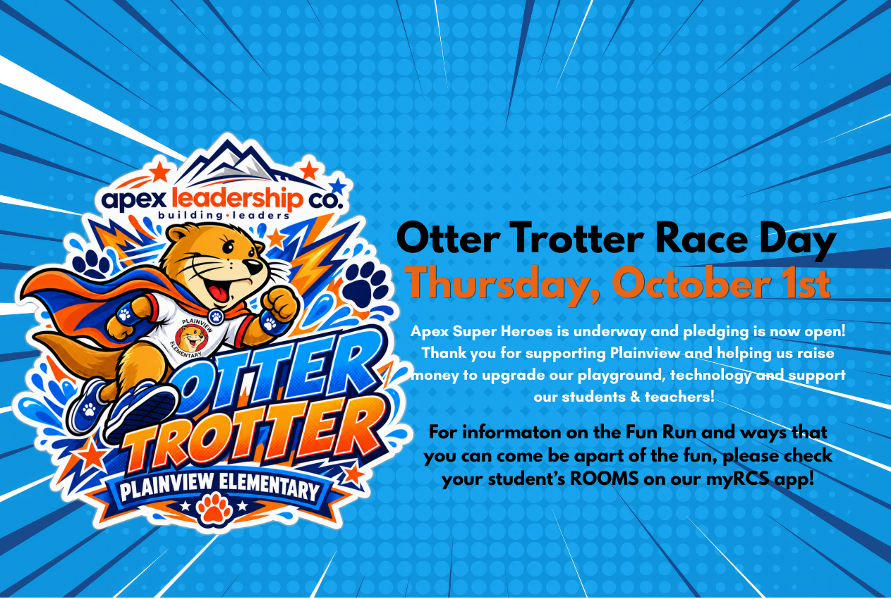An advertisement for Otter Trotter Race Day. A mascot runs with a cape and sneakers. Text reads "Plainview Elementary".