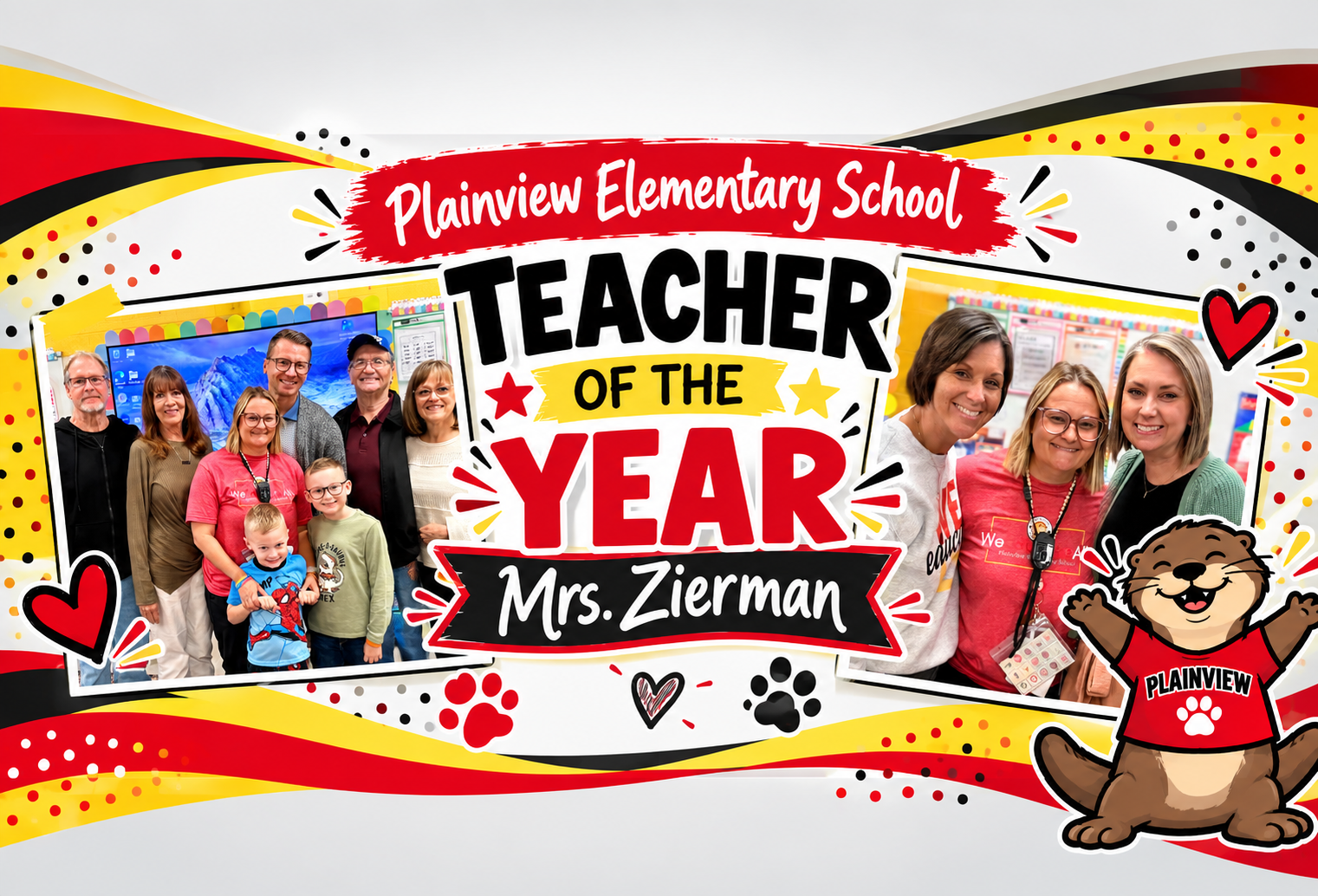 Banner with collage of smiling people. Text: "Plainview Elementary School Teacher of the Year: Mrs. Zierman".