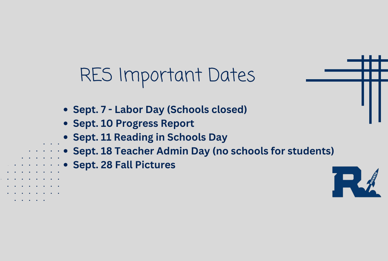 A list of dates on a blue and white background, including "Labor Day" and "Teacher Admin Day."