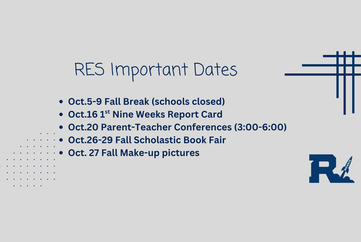 An event schedule lists five key dates: Fall Break, Nine Weeks Report Card, Parent-Teacher Conferences, Scholastic Book Fair, and Make-up pictures.