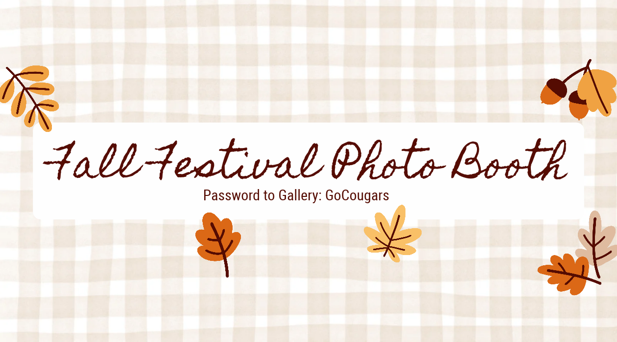 A white and beige checkered background features autumn leaves and acorns. Text reads "Fall Festival Photo Booth" in red.