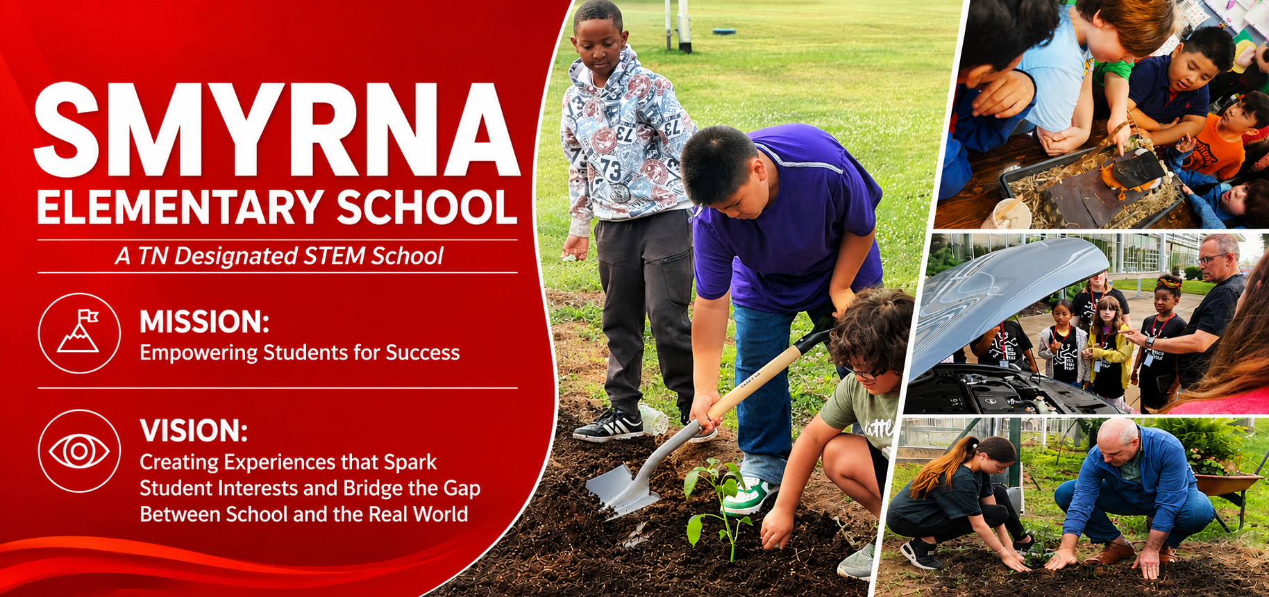 A flyer for Smyrna Elementary School. It shows diverse children engaged in outdoor activities, such as planting.