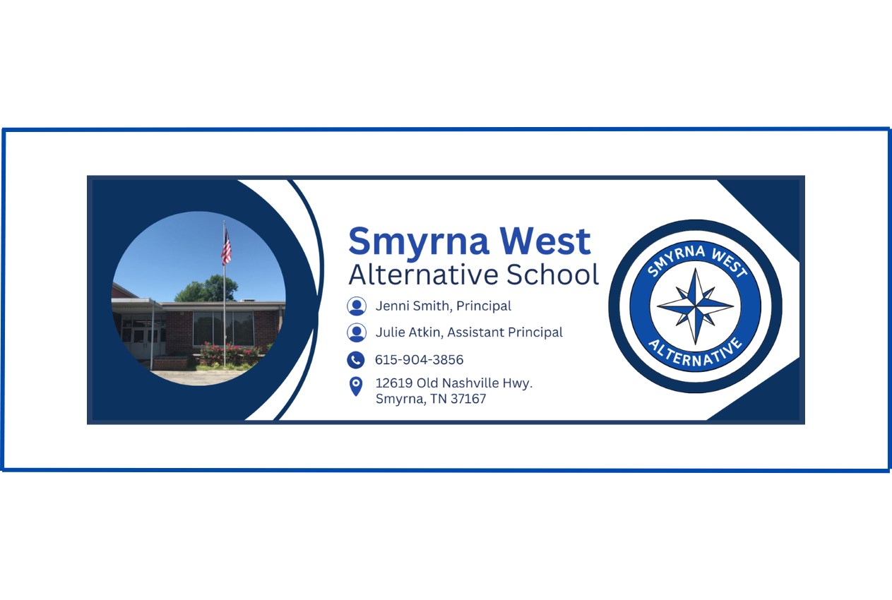 A blue and white business card displays the Smyrna West Alternative School logo, flag, and building. Contact information is provided.